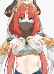 Rule 34 | 1girl, absurdres, aqua eyes, azuri909, blunt bangs, breasts, commentary request, crop top, fake horns, genshin impact, grey background, highres, horns, large breasts, long hair, long sleeves, looking at viewer, midriff, mouth veil, navel, nilou (genshin impact), red hair, simple background, smile, solo, stomach, upper body, veil, very long hair