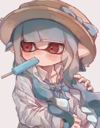 Rule 34 | 1girl, blue bow, blue hair, bow, brown hat, collarbone, commentary request, dot nose, food, food in mouth, hat, hat bow, highres, inkling, inkling girl, inkling player character, long hair, looking to the side, nintendo, pointy ears, popsicle, popsicle in mouth, red eyes, simple background, solo, splatoon (series), tentacle hair, upper body, white background, yksb inc6