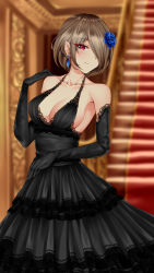 Rule 34 | 1girl, absurdres, black dress, black gloves, blue flower, blue rose, blurry, blurry background, breasts, brown hair, cleavage, collarbone, commentary request, dress, earrings, elbow gloves, flower, gloves, grin, hair flower, hair ornament, hair over one eye, halterneck, heart, heart-shaped pupils, highres, honkai (series), honkai impact 3rd, indoors, jewelry, large breasts, looking at viewer, mole, mole under eye, red eyes, rita rossweisse, rose, ruo zhishi chu jian, short hair, smile, solo, stairs, standing, symbol-shaped pupils