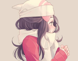 Rule 34 | 1girl, beanie, black hair, blush, brown background, coat, creatures (company), dawn (pokemon), enpera, fingernails, from side, game freak, hair ornament, hairclip, hat, komasawa (fmn-ppp), long hair, long sleeves, nintendo, own hands clasped, own hands together, pokemon, pokemon dppt, profile, purple eyes, red coat, scarf, simple background, solo, upper body, white hat, white scarf