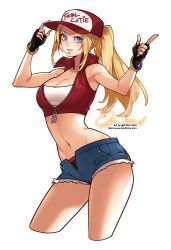 Rule 34 | armpits, arms up, baseball cap, black gloves, blonde hair, blue shorts, bracelet, crop top, cropped legs, dated, fatal fury, fatal fury cap, fingerless gloves, genderswap, genderswap (mtf), gloves, hat, ippus, jewelry, long hair, parted lips, ponytail, short shorts, shorts, signature, smile, snk, snk heroines: tag team frenzy, solo, terry bogard, the king of fighters, watermark, web address, zipper, zipper pull tab