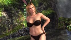 Rule 34 | 1girl, 3d, abs, animal ears, bikini, blonde hair, blue eyes, breasts, dead or alive, dead or alive 5, female focus, fur, highres, large breasts, nature, navel, official art, outdoors, plant, rabbit ears, solo, swimsuit, tecmo, tina armstrong, water, waterfall