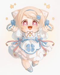 Rule 34 | 1girl, :d, alternate hairstyle, amai hiyo, amai hiyo channel, animal ear fluff, animal ears, ankle strap, annoyingkojika, bib, blonde hair, blue footwear, bow, braid, braided hair rings, cat ears, cat girl, cat tail, child, chinese commentary, clover print, dress, forehead, frilled dress, frills, full body, hair bow, hair ornament, hair rings, highres, indie virtual youtuber, official alternate costume, open mouth, outstretched hand, puffy sleeves, red eyes, red ribbon, ribbon, simple background, smile, solo, star (symbol), symbol-shaped pupils, tail, teeth, toddler, tongue, upper teeth only, virtual youtuber, white background, white dress
