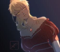 Rule 34 | 1girl, artist name, bare shoulders, blonde hair, breasts, chii chan art, cleavage, collarbone, dress, freckles, gradient background, jewelry, long hair, looking at viewer, necklace, ponytail, rachel (tower of god), red dress, short sleeves, small breasts, solo, tower of god, yellow eyes