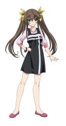 Rule 34 | 10s, 1girl, black dress, bracelet, brown hair, dress, female focus, flats, full body, green eyes, hair ribbon, hand on own hip, highres, huang lingyin, infinite stratos, jewelry, long hair, pink footwear, pink shirt, ribbon, shirt, shoes, solo, standing, transparent background, twintails