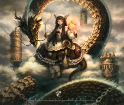 Rule 34 | 1girl, bad cghub id, bad id, black hair, blunt bangs, chain, cloud, cloudy sky, dragon, dragon girl, dragon horns, dragon tail, dress, expressionless, fire, fireball, frilled dress, frilled skirt, frills, full body, glowing, gothic lolita, horns, lolita fashion, long hair, looking at viewer, maid headdress, mary janes, orb, original, pantyhose, scales, shoes, skirt, sky, taemin park, tail, tassel, white pantyhose, yellow eyes