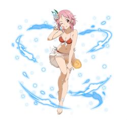 Rule 34 | 1girl, ;q, barefoot, bikini, breasts, cleavage, collarbone, feet, flower, food, full body, hair flower, hair ornament, hand on own knee, holding, holding food, ice cream, leaning forward, lisbeth (sao-alo), looking at viewer, medium breasts, one eye closed, pink hair, red bikini, red eyes, sarong, see-through, short hair, side-tie bikini bottom, solo, standing, swimsuit, sword art online, toes, tongue, tongue out, transparent background, white flower
