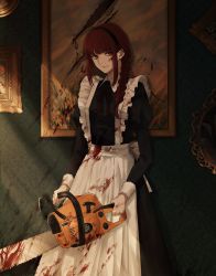 Rule 34 | 1girl, absurdres, alternate costume, apron, blood, blood on clothes, blood on face, bloody weapon, braid, braided ponytail, breasts, brown hair, chainsaw, chainsaw man, hama m, highres, holding, holding chainsaw, holding weapon, light smile, long hair, looking at viewer, maid, maid apron, makima (chainsaw man), medium breasts, ringed eyes, smile, solo, weapon, white apron, yellow eyes