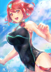 Rule 34 | 1girl, :d, bare arms, black one-piece swimsuit, blush, bouncing breasts, breasts, chest jewel, competition swimsuit, covered navel, cowboy shot, day, fuwamoko momen toufu, highres, jewelry, large breasts, light rays, nintendo, one-piece swimsuit, open mouth, outdoors, pyra (pro swimmer) (xenoblade), pyra (xenoblade), red eyes, red hair, short hair, sky, smile, splashing, sunbeam, sunlight, swimsuit, wet, xenoblade chronicles (series), xenoblade chronicles 2