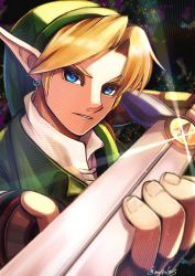 Rule 34 | 1boy, absurdres, bishounen, blonde hair, blue eyes, close-up, earrings, green hat, green tunic, hat, highres, holding, holding sword, holding weapon, jewelry, link, looking at viewer, male focus, mi9clous, nintendo, pointy ears, short hair, single earring, sword, teeth, the legend of zelda, the legend of zelda: ocarina of time, weapon