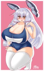 Rule 34 | 10s, 1girl, alternate breast size, ayazumi flutter, blue one-piece swimsuit, blush, breasts, cleavage, collarbone, curvy, female focus, gigantic breasts, kantai collection, kneeling, long hair, murakumo (kancolle), one-piece swimsuit, orange eyes, plump, school swimsuit, sideboob, silver hair, simple background, solo, swimsuit, thick thighs, thighhighs, thighs, white thighhighs, wide hips