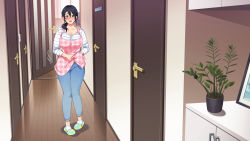 Rule 34 | 1girl, apron, blue eyes, blush, breasts, denim, door, engawa suguru, female focus, floor, full body, groin, hair between eyes, highres, indoors, jeans, knees together feet apart, large breasts, legs, long hair, looking at viewer, low ponytail, mature female, motion lines, open mouth, original, pants, plant, ponytail, purple hair, shadow, shirt, smile, socks, solo, standing, striped clothes, striped shirt, succubus yondara haha ga kita!?, thighs, wooden floor