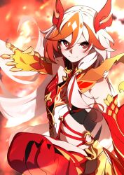 Rule 34 | 1girl, animal hands, bare shoulders, black sports bra, breasts, chinese clothes, claws, closed mouth, detached sleeves, ecliygame, elbow gloves, eyeliner, fire, fu hua, fu hua (garuda), gloves, hair between eyes, highres, honkai (series), honkai impact 3rd, long hair, low-tied long hair, low twintails, makeup, multicolored hair, open hand, red eyeliner, red eyes, red gloves, red hair, red rope, red scales, red theme, rope, small breasts, solo, sports bra, sportswear, streaked hair, symbol-shaped pupils, twintails, two-tone hair, v-shaped eyebrows, very long hair, white hair, yellow pupils
