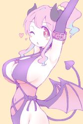 Rule 34 | 1girl, arm up, armpits, blue hair, blush stickers, breasts, commentary, demon costume, demon tail, demon wings, elbow gloves, from side, gloves, heart, highres, horns, hozuki kaede, large breasts, looking at viewer, low wings, navel, one eye closed, onii-chan wa oshimai!, open mouth, pink hair, ponytail, red eyes, sideboob, sidelocks, simple background, solo, sotto, tail, underboob, upper body, wings, yellow background