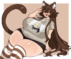 Rule 34 | 1girl, animal ear fluff, animal ears, arm support, blush, border, breasts, brown hair, brown tail, brown thighhighs, clenched hand, closed mouth, commentary, english commentary, fang, feet out of frame, green eyes, grey eyes, grey hair, grey shirt, hair between eyes, highres, huge breasts, leaning to the side, light brown background, long hair, looking at viewer, open mouth, original, outside border, paperrose, shirt, short sleeves, simple background, sitting, skin fang, solo, striped clothes, striped thighhighs, t-shirt, thick thighs, thighhighs, thighs, white border, white thighhighs