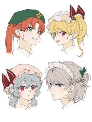 Rule 34 | 4girls, absurdres, beret, blonde hair, blue eyes, blue hair, blush, bow, braid, closed mouth, collared dress, dress, fang, fangs, flandre scarlet, french braid, green bow, green eyes, green headwear, grey hair, hair between eyes, hair bow, hat, hat bow, hat ornament, highres, hong meiling, izayoi sakuya, long hair, looking at viewer, low twintails, maid headdress, mob cap, multiple girls, open mouth, orange hair, parted bangs, pink dress, pink eyes, pink headwear, pointy ears, ponytail, red bow, red eyes, remilia scarlet, shirt, short hair, short ponytail, side ponytail, simple background, smile, star (symbol), star hat ornament, teeth, tongue, touhou, twintails, white background, white headwear, white shirt, wing collar, yoi (user auxa3535)