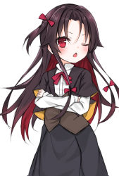 Rule 34 | 10s, 1girl, black jacket, black skirt, blush, bow, brown hair, brown vest, collared shirt, commentary request, crossed arms, fang, hair between eyes, hair bow, hashiko nowoto, highres, jacket, layered sleeves, long hair, long sleeves, looking at viewer, multicolored hair, one eye closed, one side up, parted lips, red bow, red eyes, red hair, ryuuou no oshigoto!, shirt, short over long sleeves, short sleeves, sidelocks, simple background, skirt, solo, two-tone hair, very long hair, vest, white background, white shirt, yashajin ai