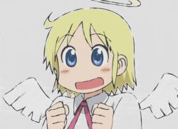 Rule 34 | 1girl, angel, angel wings, animated, animated gif, blonde hair, blue eyes, clenched hands, female focus, halo, happy, helvetica standard, lowres, nichijou, open mouth, pino (helvetica standard), short hair, simple background, smile, solo, white background, wings