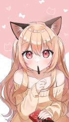Rule 34 | 1girl, absurdres, animal ears, atsuki (pink0930cat), bare shoulders, blonde hair, blush, cat ears, cat girl, collarbone, food, hair between eyes, highres, holding, long hair, long sleeves, looking at viewer, mouth hold, original, pocky, pocky day, red eyes, solo, sweater, yellow sweater