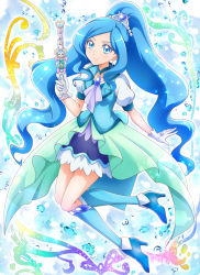 Rule 34 | 1girl, blue background, blue eyes, blue footwear, blue hair, blue socks, blue neckwear, blue skirt, blue theme, blue vest, choker, closed mouth, cure fontaine, earrings, full body, gloves, hair ornament, hanzou, healin&#039; good precure, highres, holding, holding wand, jewelry, kneehighs, layered skirt, long hair, looking at viewer, magical girl, ponytail, precure, puffy sleeves, sawaizumi chiyu, shoes, skirt, smile, socks, solo, split ponytail, vest, wand, white gloves