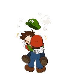 Rule 34 | !, 2boys, blue eyes, blue overalls, brothers, brown footwear, brown hair, cabbie hat, closed eyes, facial hair, glomp, gloves, green headwear, hat, height difference, highres, hug, initial, letter print, light blush, luigi, male focus, mario, mario (series), mimimi (mimimim9999), multiple boys, mustache, mutual hug, nintendo, outstretched arms, overalls, red headwear, shoes, siblings, size difference, spoken exclamation mark, super mario bros. wonder, transformation, white gloves
