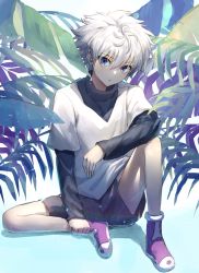 Rule 34 | 1boy, absurdres, black shirt, black shorts, blue eyes, boots, commentary, dripping, full body, hair between eyes, highres, hunter x hunter, killua zoldyck, knee up, layered sleeves, long sleeves, looking at viewer, male focus, messy hair, mmo (mmo omm938), plant, puddle, purple footwear, shirt, short hair, short over long sleeves, short sleeves, shorts, sitting, solo, spiked hair, t-shirt, turtleneck, water, water drop, white hair, white shirt