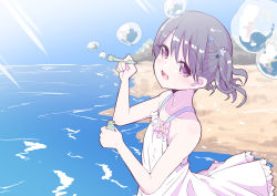 Rule 34 | 1girl, bare arms, bare shoulders, beach, black hair, bubble, commentary request, day, dress, fangs, flower, fukumaru koito, futaba suetsuki, hair flower, hair ornament, highres, idolmaster, idolmaster shiny colors, looking at viewer, looking to the side, ocean, open mouth, outdoors, purple eyes, skin fangs, sleeveless, sleeveless dress, soap bubbles, solo, sundress, twintails, white dress