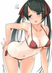 Rule 34 | 1girl, bare arms, bare legs, bare shoulders, bikini, black eyes, black hair, blush, breasts, brown bikini, collarbone, cowboy shot, kantai collection, long hair, medium breasts, mikuma (kancolle), navel, open mouth, simple background, solo, swimsuit, takase muh, tan, tanline, twintails, twitter username, white background