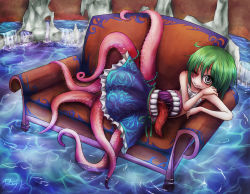 Rule 34 | 1girl, couch, green hair, grey eyes, highres, monster girl, original, ray-k, scar, scylla, smile, solo, stitched mouth, stitches, teeth, tentacles, tongue, water