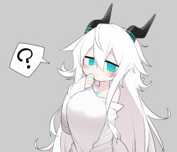 Rule 34 | 1girl, ?, aqua eyes, aqua nails, black horns, blush, breasts, commentary request, expressionless, grey background, hair between eyes, hand up, horns, kisaragi kaya, large breasts, long hair, long sleeves, original, parted lips, shirt, simple background, single bare shoulder, sleeves past wrists, solo, speech bubble, spoken question mark, syrgoth (kisaragi kaya), unkempt, very long hair, white hair, white shirt