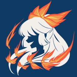 Rule 34 | blue background, facing to the side, fire, fire, fujiwara no mokou, hair ornament, hair ribbon, limited palette, long hair, maskin mei, minimalism, open mouth, ponytail, red ribbon, ribbon, silhouette, simple background, smile, touhou, white hair