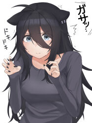 Rule 34 | 1girl, absurdres, alternate costume, alternate hair color, animal ears, black hair, black shirt, blush, breasts, collarbone, earrings, ears down, grey eyes, hair between eyes, highres, hololive, jewelry, light blush, lion ears, long bangs, long hair, looking at viewer, medium breasts, micon, multiple earrings, paw pose, shirt, shishiro botan, simple background, sleeves past wrists, solo, standing, sweat, tears, translation request, upper body, virtual youtuber, white background