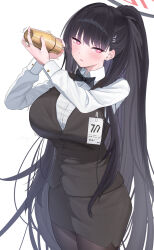 Rule 34 | 1girl, alternate costume, bartender, black bow, black bowtie, black hair, black pantyhose, black skirt, blue archive, blush, bow, bowtie, breasts, collared shirt, commentary request, hair ornament, halo, highres, holding, large breasts, long hair, long sleeves, looking at viewer, pantyhose, parted lips, ponytail, red eyes, rio (blue archive), shirt, shougun (chuckni1), simple background, skirt, solo, very long hair, white background