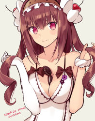 Rule 34 | 1girl, bad id, bad pixiv id, between breasts, bow, breasts, brown hair, cherry, cherry hair ornament, cleavage, cookie, dress, elbow gloves, female focus, food, food-themed clothes, food-themed hair ornament, food-themed ornament, frills, fruit, gloves, hair ornament, hairband, holding, holding hair, large breasts, long hair, ninomoto, oreo, original, red eyes, scrunchie, single elbow glove, smile, solo, two side up, white dress, wrist scrunchie