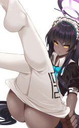 Rule 34 | 1girl, ass, black hair, black shirt, blue archive, breasts, clothes pull, collared shirt, dark-skinned female, dark skin, halo, highres, karin (blue archive), legs up, long hair, looking at viewer, maid, maid headdress, nishitaka, no shoes, open mouth, pantyhose, pantyhose pull, puffy short sleeves, puffy sleeves, pulling own clothes, shirt, short sleeves, simple background, sitting, solo, undressing, very long hair, white background, white pantyhose, yellow eyes