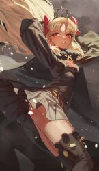 Rule 34 | 1girl, absurdres, arms up, black cape, black dress, black thighhighs, blonde hair, breasts, cape, chorogon, commentary request, dark-skinned female, dark skin, dress, ereshkigal (fate), ereshkigal alter (fate), fate/grand order, fate (series), floating hair, fur-trimmed cape, fur trim, hair ribbon, highres, long hair, long sleeves, looking at viewer, looking away, parted bangs, red eyes, red ribbon, ribbon, small breasts, solo, thighhighs, tiara