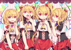 Rule 34 | 4girls, absurdres, alternate costume, alternate hairstyle, ascot, blonde hair, braid, brooch, commentary request, corset, cowboy shot, cross, fang, fang out, fangs, fingernails, flandre scarlet, four of a kind (touhou), gunjou row, hair between eyes, hair ribbon, half updo, hand up, heart, highres, index finger raised, jewelry, lace trim, long hair, looking at viewer, low twintails, miniskirt, multiple girls, multiple persona, nail polish, no headwear, open mouth, parted lips, petticoat, pink background, pink nails, puffy short sleeves, puffy sleeves, red eyes, red ribbon, red skirt, ribbon, sharp fingernails, sharp teeth, shirt, short sleeves, side ponytail, skirt, slit pupils, smile, standing, striped, striped background, teeth, touhou, twintails, two side up, vertical stripes, very long hair, white background, white shirt, yellow ascot