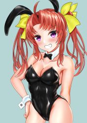 Rule 34 | 1girl, ahoge, animal ears, black bow, black bowtie, black leotard, bow, bowtie, breasts, brown hair, cleavage, commentary request, cowboy shot, detached collar, dorachan r, fake animal ears, grin, hair ribbon, hand on own hip, highres, kagerou (kancolle), kantai collection, leotard, long hair, medium breasts, playboy bunny, purple eyes, rabbit ears, rabbit tail, ribbon, smile, solo, strapless, strapless leotard, tail, twintails, wrist cuffs, yellow ribbon