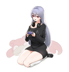 Rule 34 | 1girl, black footwear, black sweater, breasts, controller, creatures (company), dress, game freak, gen 1 pokemon, grey hair, hara (k hara17), headphones, headphones around neck, highres, holding, holding controller, indie virtual youtuber, large breasts, long hair, looking at viewer, nintendo, off shoulder, open mouth, playstation controller, pokemon, red eyes, seiza, shiochannnnn, short dress, simple background, single bare shoulder, sitting, slowpoke, smile, socks, solo, stuffed animal, stuffed toy, sweater, sweater dress, thighs, very long hair, virtual youtuber, white background, white socks