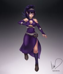 Rule 34 | 1girl, artist name, bag, bare shoulders, boots, closed mouth, female focus, gradient background, hairband, hybridmink, long hair, looking at viewer, navel, original, pointy ears, ponytail, purple eyes, purple hair, solo