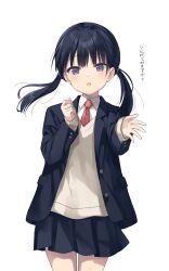 Rule 34 | 1girl, :o, black hair, black jacket, black skirt, blazer, brown cardigan, cardigan, clenched hand, collared shirt, commentary request, cowboy shot, grey eyes, hands up, highres, jacket, light blush, long hair, long sleeves, looking at viewer, na-ga, necktie, open clothes, open jacket, open mouth, original, outstretched arm, pleated skirt, red necktie, school uniform, shirt, simple background, skirt, sleeves past wrists, solo, standing, translation request, twintails, white background, white shirt