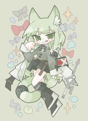 Rule 34 | 1girl, :q, animal ear fluff, animal ears, arknights, armband, black footwear, black skirt, blush, boots, bow, bowtie, bubble, cat, cat ears, cat girl, cat tail, chibi, coat, coat on shoulders, commentary, fish, full body, green eyes, green hair, grey bow, grey bowtie, grey sweater, hand up, harmonie (arknights), highres, infection monitor (arknights), kdmr0402, knee boots, long hair, paw pose, pleated skirt, red bow, simple background, skirt, solo, sparkle, staff, sweater, sweater vest, symbol-only commentary, tail, tongue, tongue out, water drop, white coat, yellow background