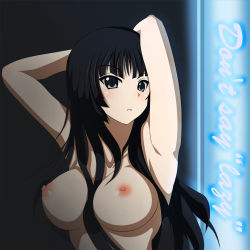Rule 34 | 00s, 1girl, akiyama mio, armpits, arms behind head, arms up, black eyes, black hair, blunt bangs, blush, breasts, completely nude, hime cut, k-on!, large breasts, long hair, nipples, nude, solo, yottin
