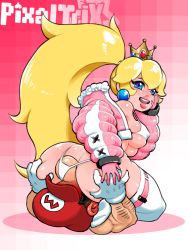 Rule 34 | 1boy, 1girl, artist name, ass, ass grab, bare shoulders, bikini, blonde hair, blue eyes, breasts, butt crack, crown, earrings, gloves, hat, highres, jacket, jewelry, lips, lipstick, long hair, long sleeves, makeup, mario, mario (series), medium breasts, nintendo, off shoulder, open mouth, pink background, pink gloves, pixaltrix, ponytail, princess peach, shiny skin, sitting, sitting on person, smile, swimsuit, teeth, thighhighs, underboob, upper teeth only, very long hair, white background, white bikini, white gloves, white thighhighs