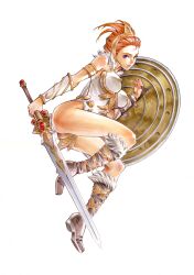 Rule 34 | 1girl, armlet, bare shoulders, belt, blue eyes, boots, breasts, closed mouth, commentary, folded hair, full body, fur trim, highleg, highleg leotard, highres, holding, holding shield, holding sword, holding weapon, jewelry, knee boots, leotard, lips, looking at viewer, masters of the universe, medium breasts, red hair, rodrigo yoshimiya, shield, simple background, sleeveless, solo, sword, teela, thighs, tiara, vambraces, weapon, white background, white leotard