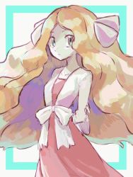 Rule 34 | 1girl, arms behind back, big hair, blonde hair, blue eyes, bow, caitlin (pokemon), closed mouth, collarbone, creatures (company), dress, frown, game freak, highres, katahara (no 108105), long hair, nintendo, parted bangs, pink dress, pokemon, pokemon dppt, pokemon platinum, ribbon, solo, white bow, white ribbon