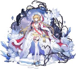 Rule 34 | 1girl, ark order, barn owl, bird, black gloves, blonde hair, blue eyes, blue footwear, bow, breasts, cape, closed mouth, crow, crystal, double bun, dress, elbow gloves, flower, full body, fur-trimmed cape, fur trim, gloves, hair bun, hatoyama itsuru, high heels, highres, hood, hooded cape, ice, jewelry, large breasts, looking at viewer, necklace, official art, owl, pom pom (clothes), rabbit, red bow, red cape, red hood, shoes, sidelocks, sleeping beauty, sleeping beauty (ark order), sleeping beauty (character), smile, snow, snowflakes, solo, thighhighs, thorns, transparent background, white bow, white dress, white flower, white thighhighs