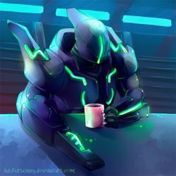 Rule 34 | 1boy, 2015, arm cannon, armor, blue background, coffee mug, cup, faceless, faceless male, glowing, helmt, metroid, metroid prime hunters, mug, nintendo, power armor, sitting, solo, sylux (metroid), table, weapon
