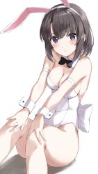 Rule 34 | 1girl, animal ears, armband, back bow, bare legs, black eyes, black hair, black neckwear, bow, breasts, cleavage, commentary, covered navel, detached collar, fake animal ears, feet out of frame, highres, katou megumi, leotard, looking at viewer, medium breasts, playboy bunny, rabbit ears, rabbit tail, saenai heroine no sodatekata, short hair, simple background, sitting, solo, strapless, strapless leotard, tail, white background, white leotard, wrist cuffs, yanagi marie