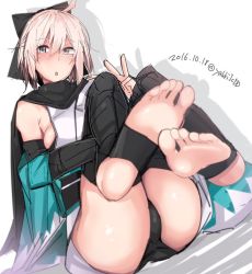Rule 34 | 1girl, ass, barefoot, blonde hair, blush, breasts, fate/grand order, fate (series), feet, foot focus, grey eyes, koha-ace, large breasts, looking at viewer, okita souji (fate), okita souji (koha-ace), rib:y(uhki), scarf, shinsengumi, sideboob, sitting, soles, solo, thighs, toeless legwear, toes, v